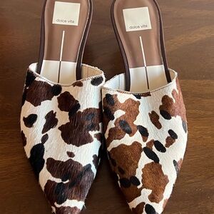 Dolce Vita Cow Print Mules in Brown and White